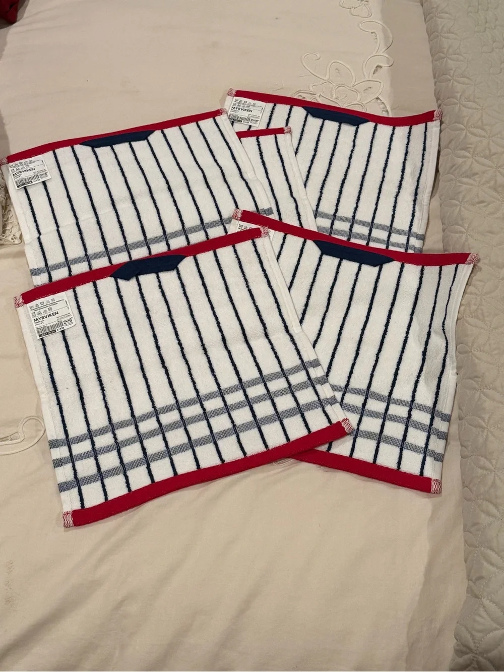 IKEA dishcloths MYRVIKEN White  with Navy Stripes and Red Trim